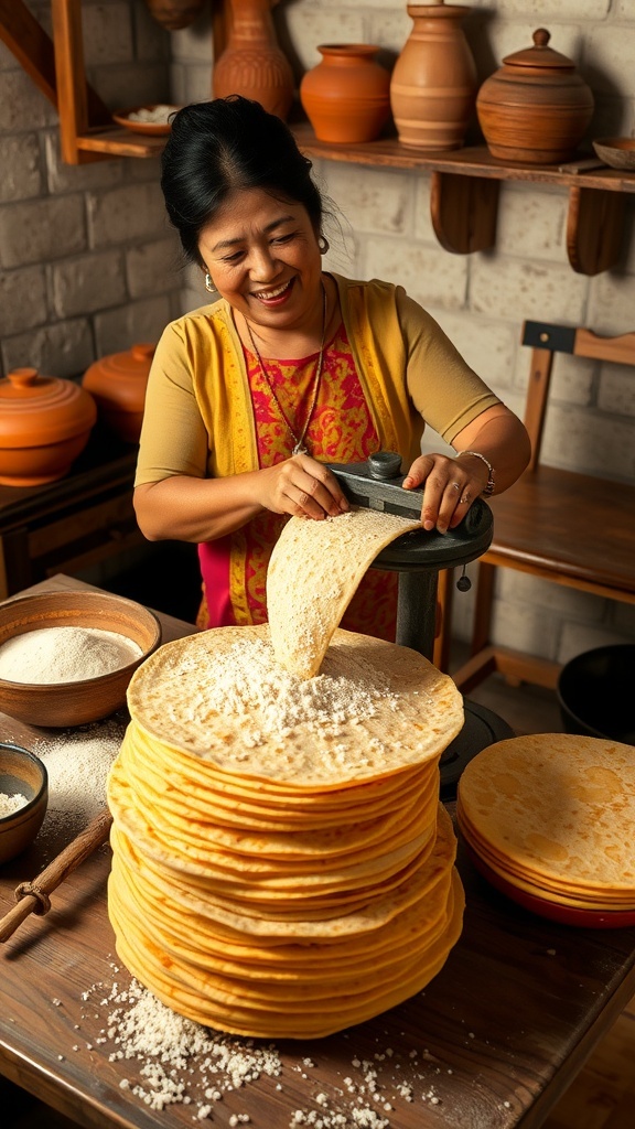 A señora pressing corn tortillas in a rustic kitchen, with fresh tortillas stacked nearby.